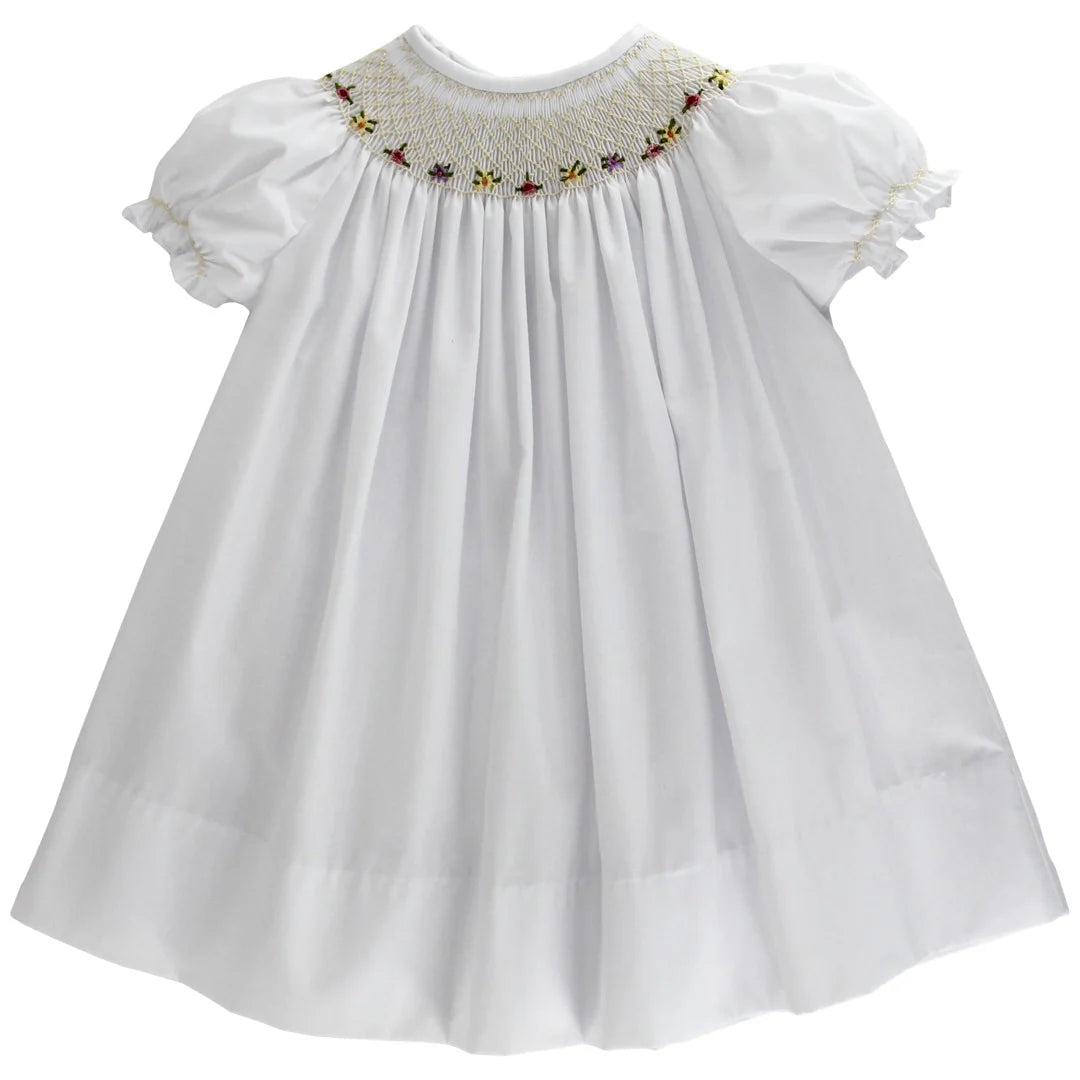 White Bishop Dress with Ecru & Multi Embroidery