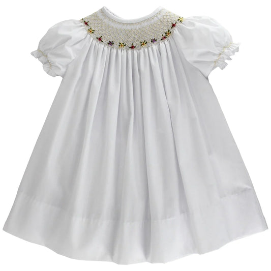 White Bishop Dress with Ecru & Multi Embroidery
