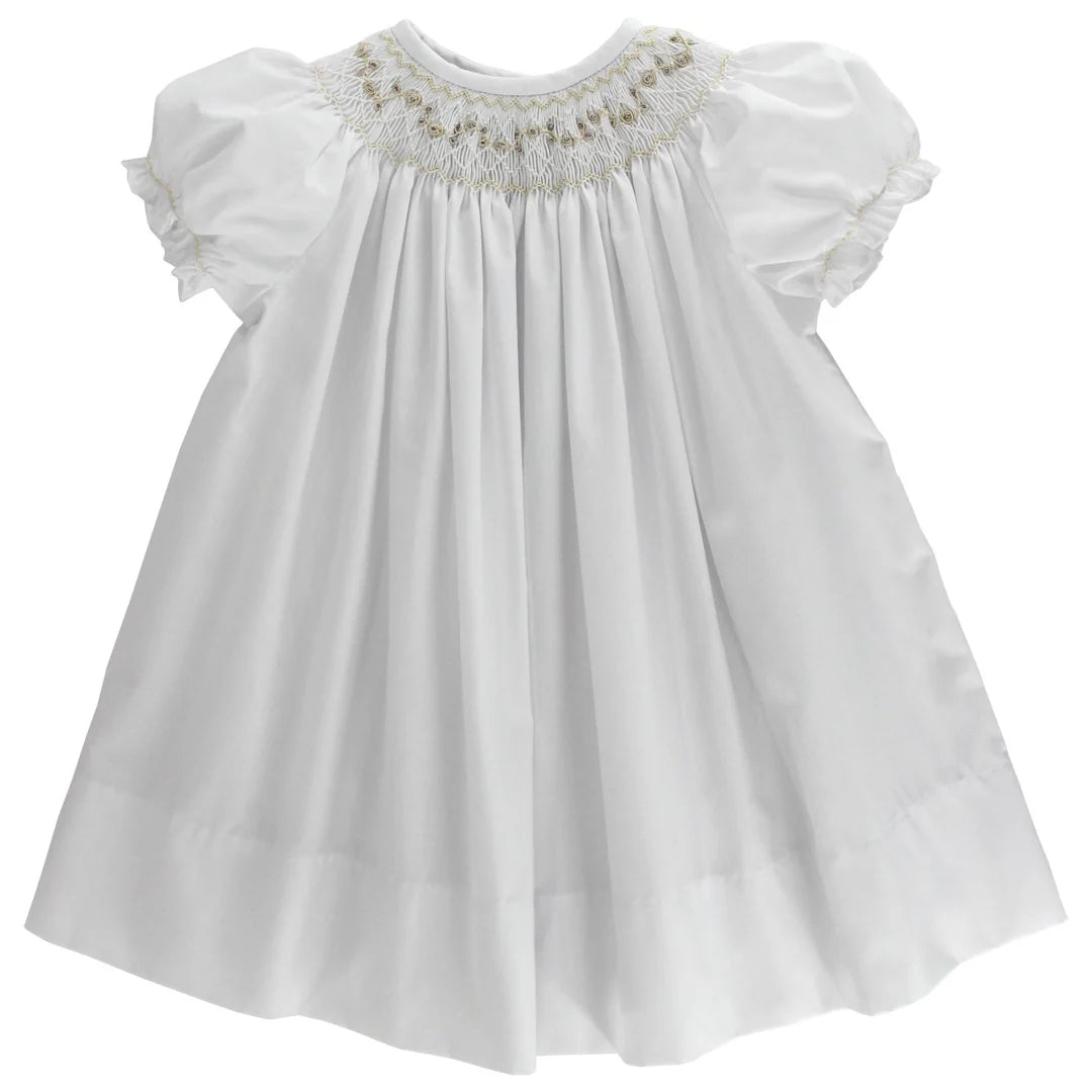 White Bishop Dress with Ecru Embroidery