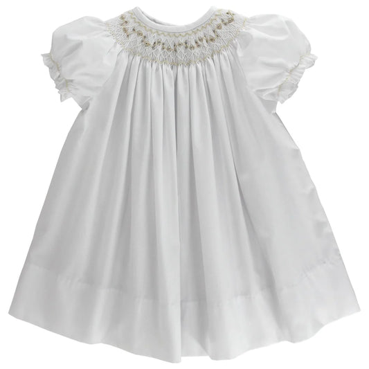 White Bishop Dress with Ecru Embroidery
