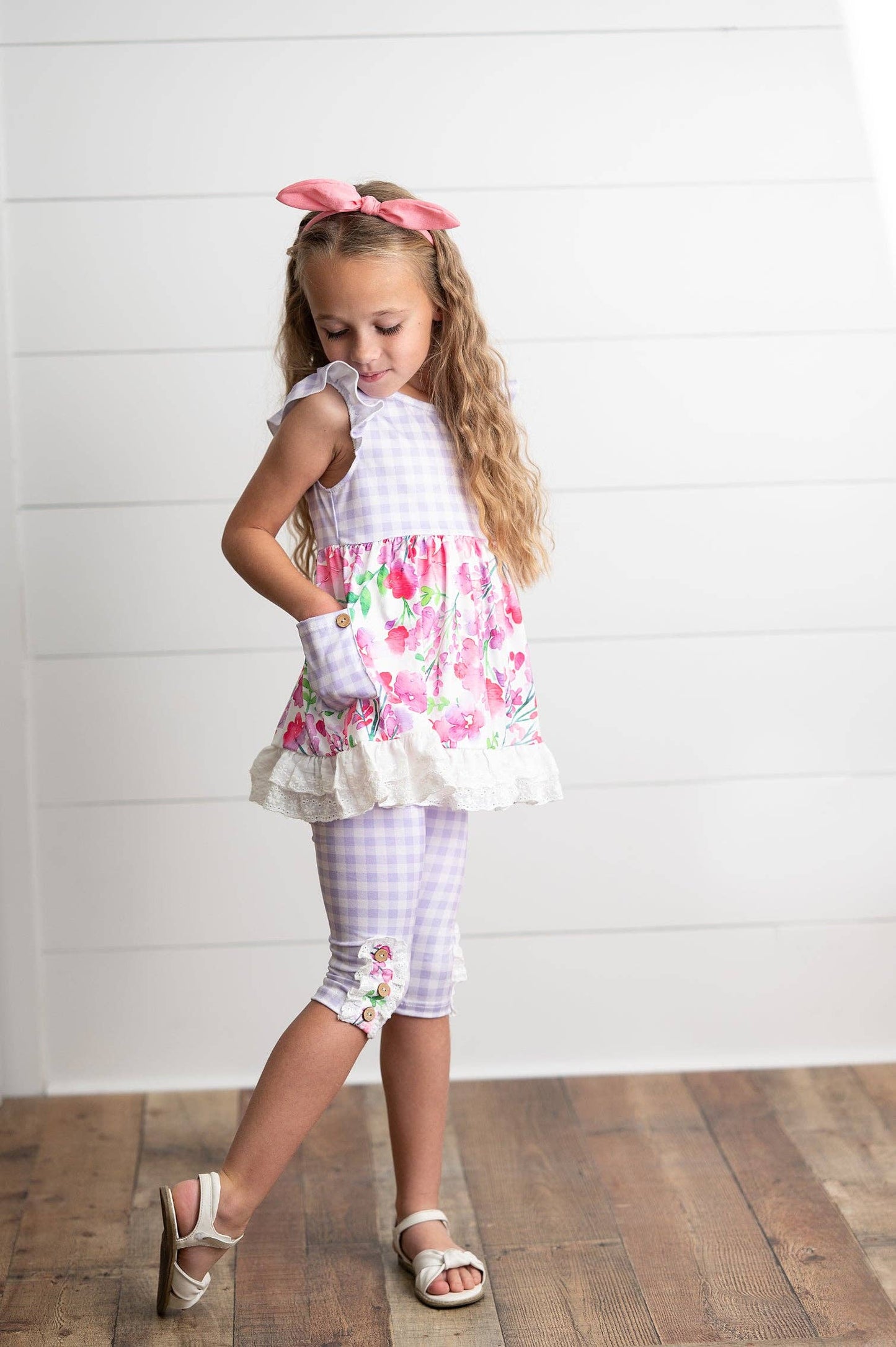 Lavender Gingham & Floral Capri Ruffle Set