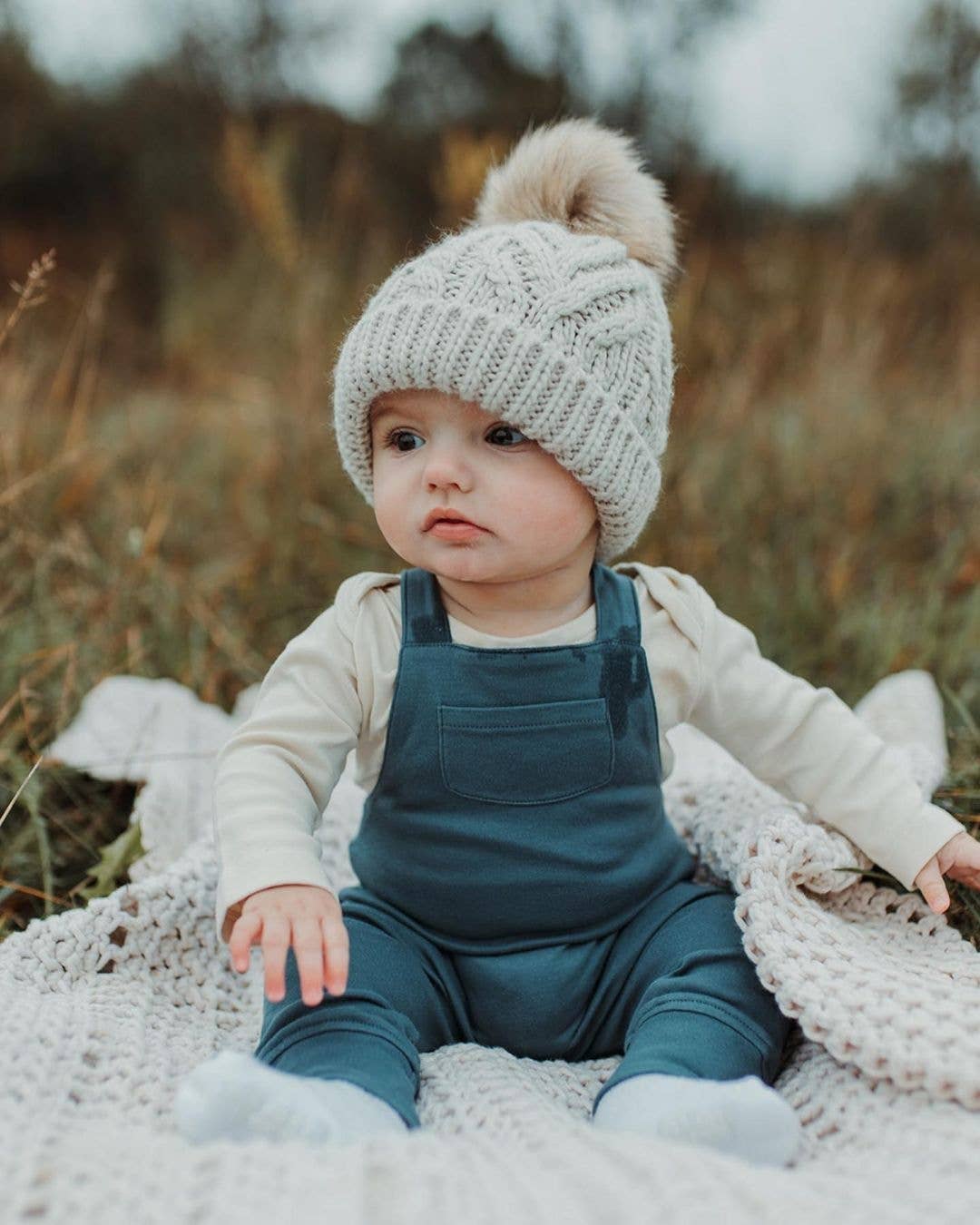 Oatmeal Cable Knit Pom-Pom Beanie