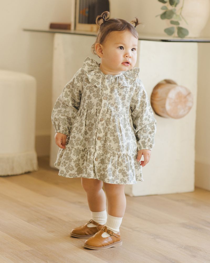 Ruffle Collar Green Floral Dress