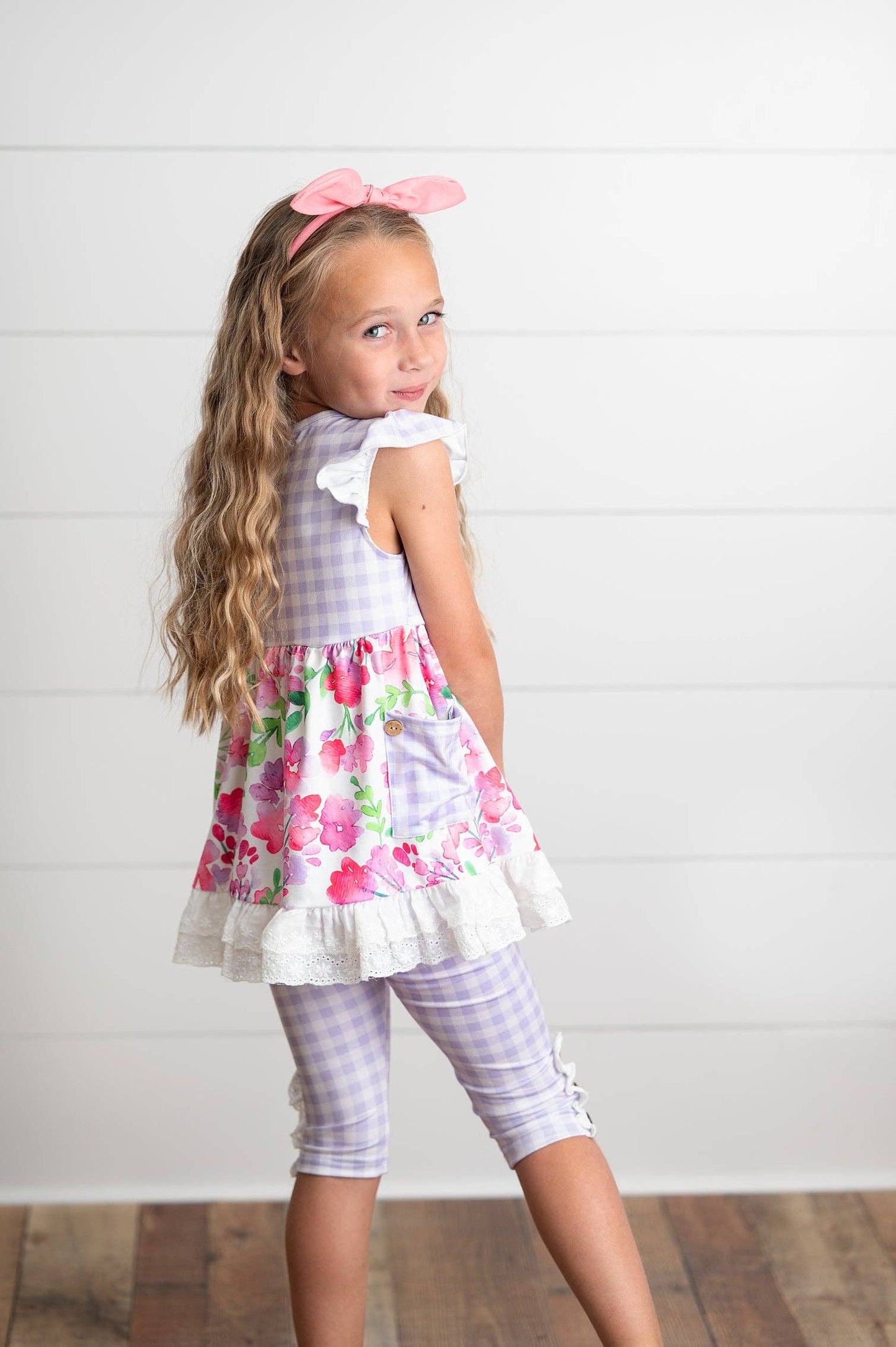 Lavender Gingham & Floral Capri Ruffle Set