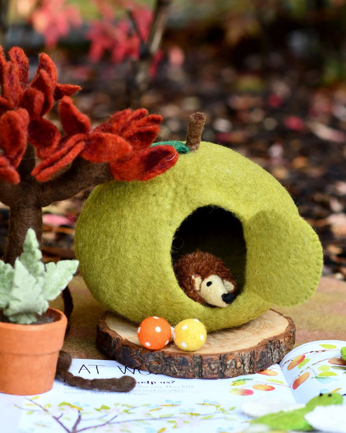 Felt Green Apple House with Hedgehog