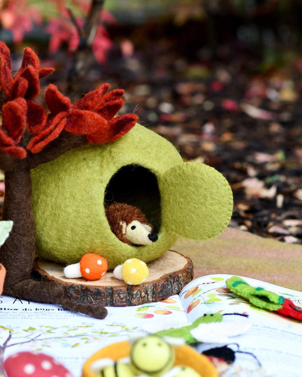 Felt Green Apple House with Hedgehog