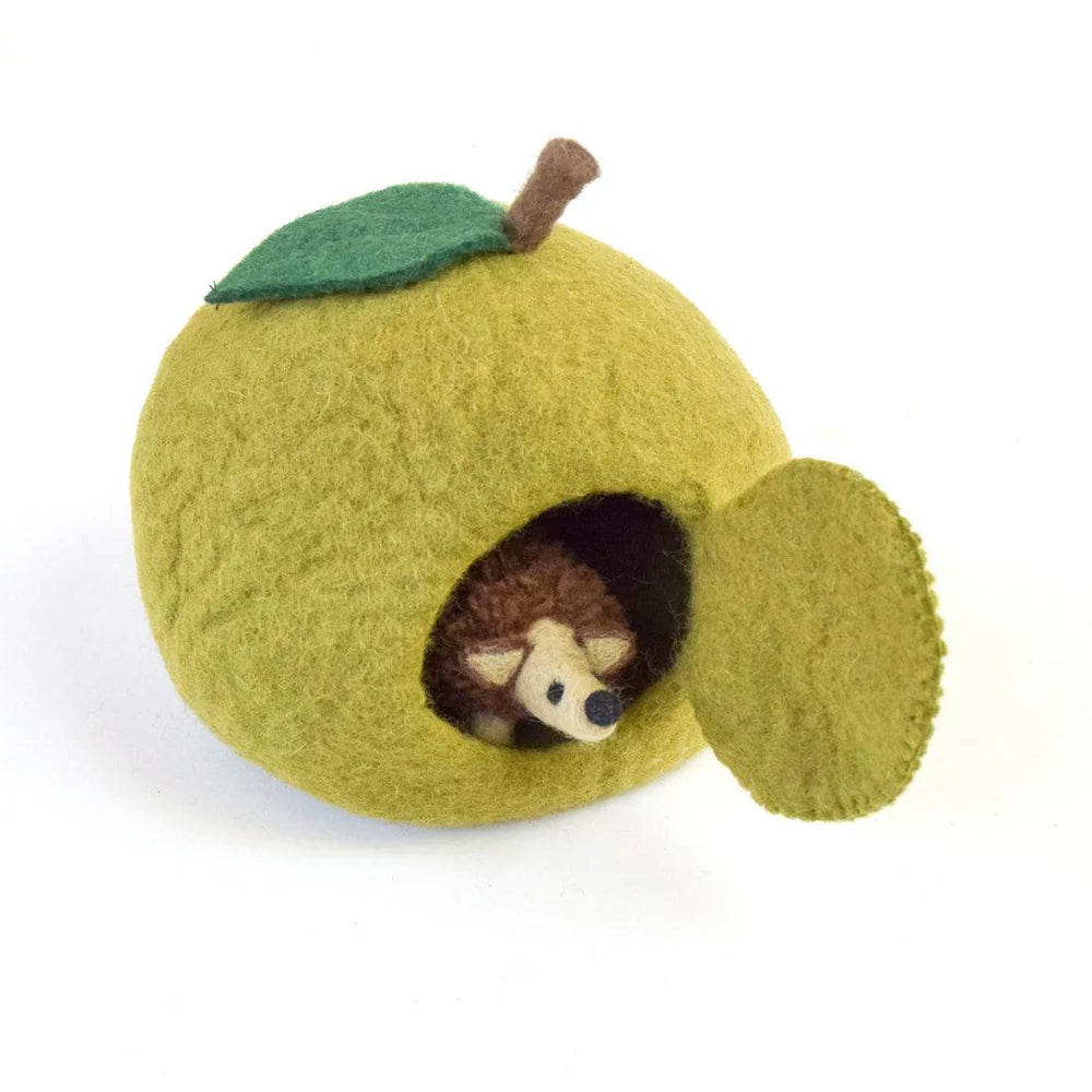 Felt Green Apple House with Hedgehog