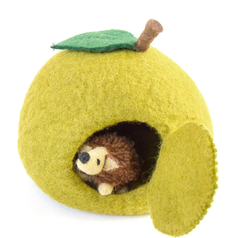 Felt Green Apple House with Hedgehog