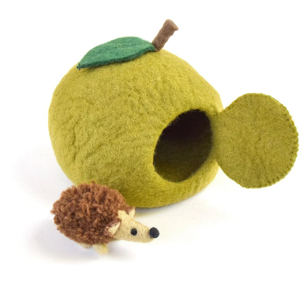 Felt Green Apple House with Hedgehog