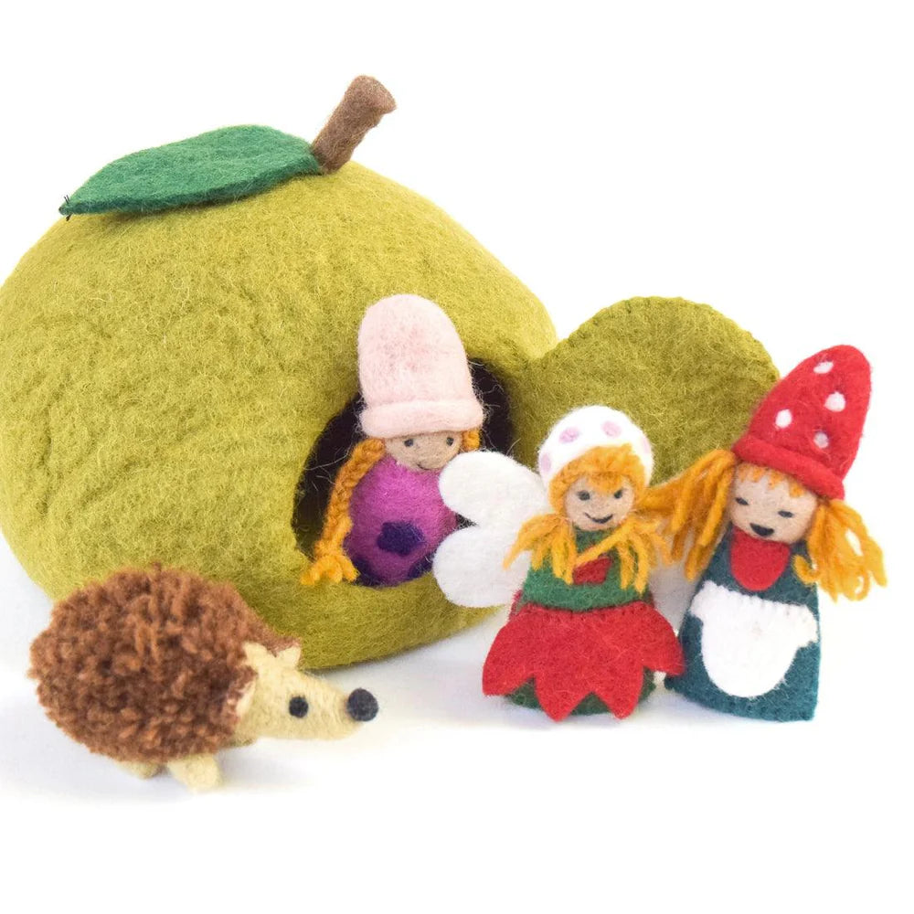 Felt Green Apple House with Hedgehog
