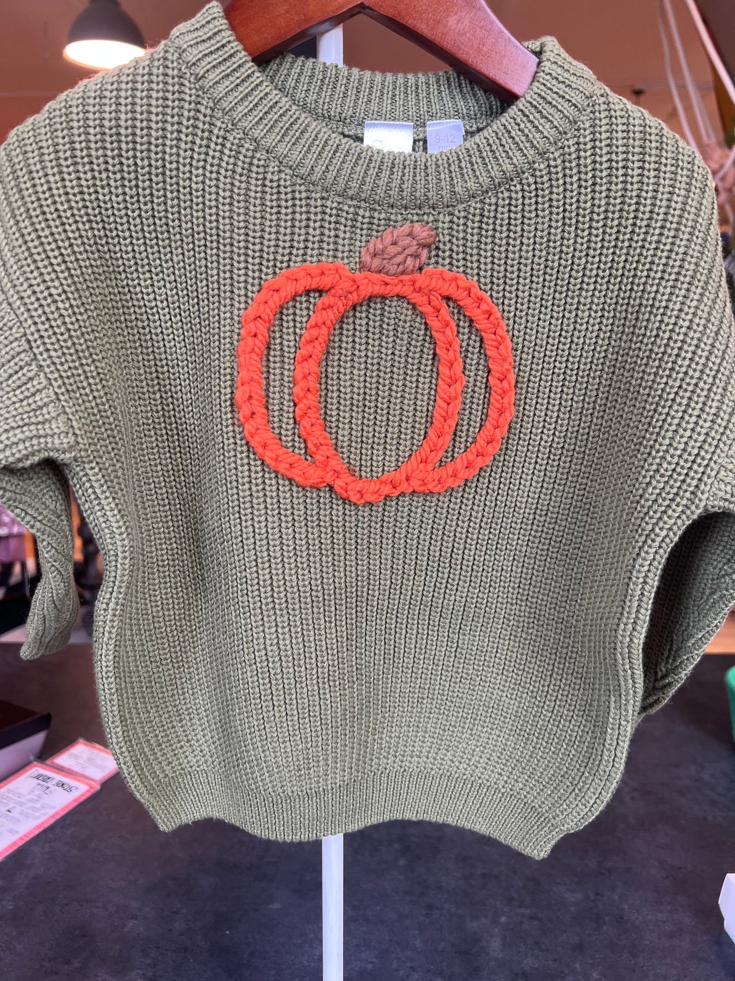 Embroidered Pumpkin on Army Green Sweater
