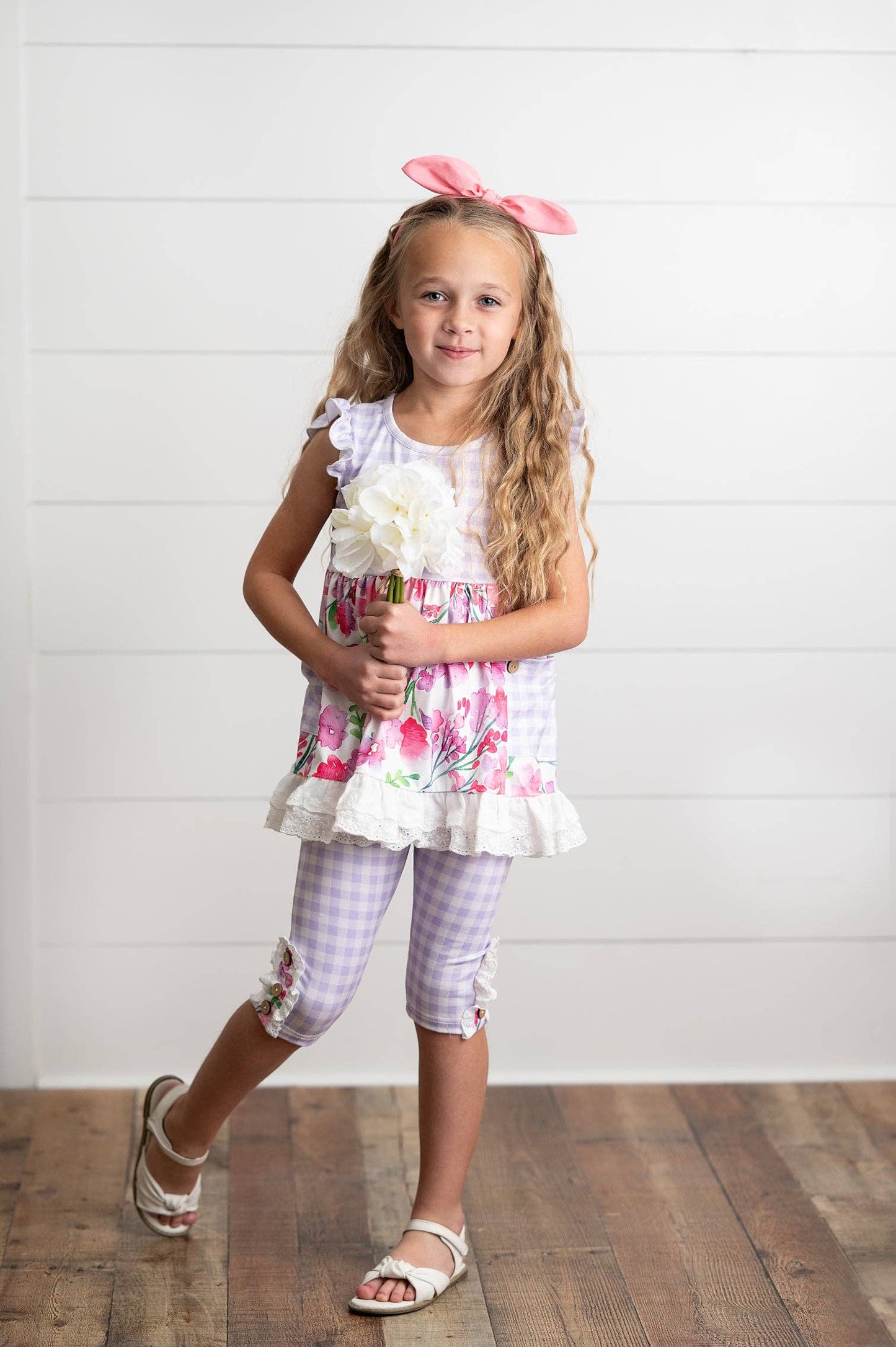 Lavender Gingham & Floral Capri Ruffle Set