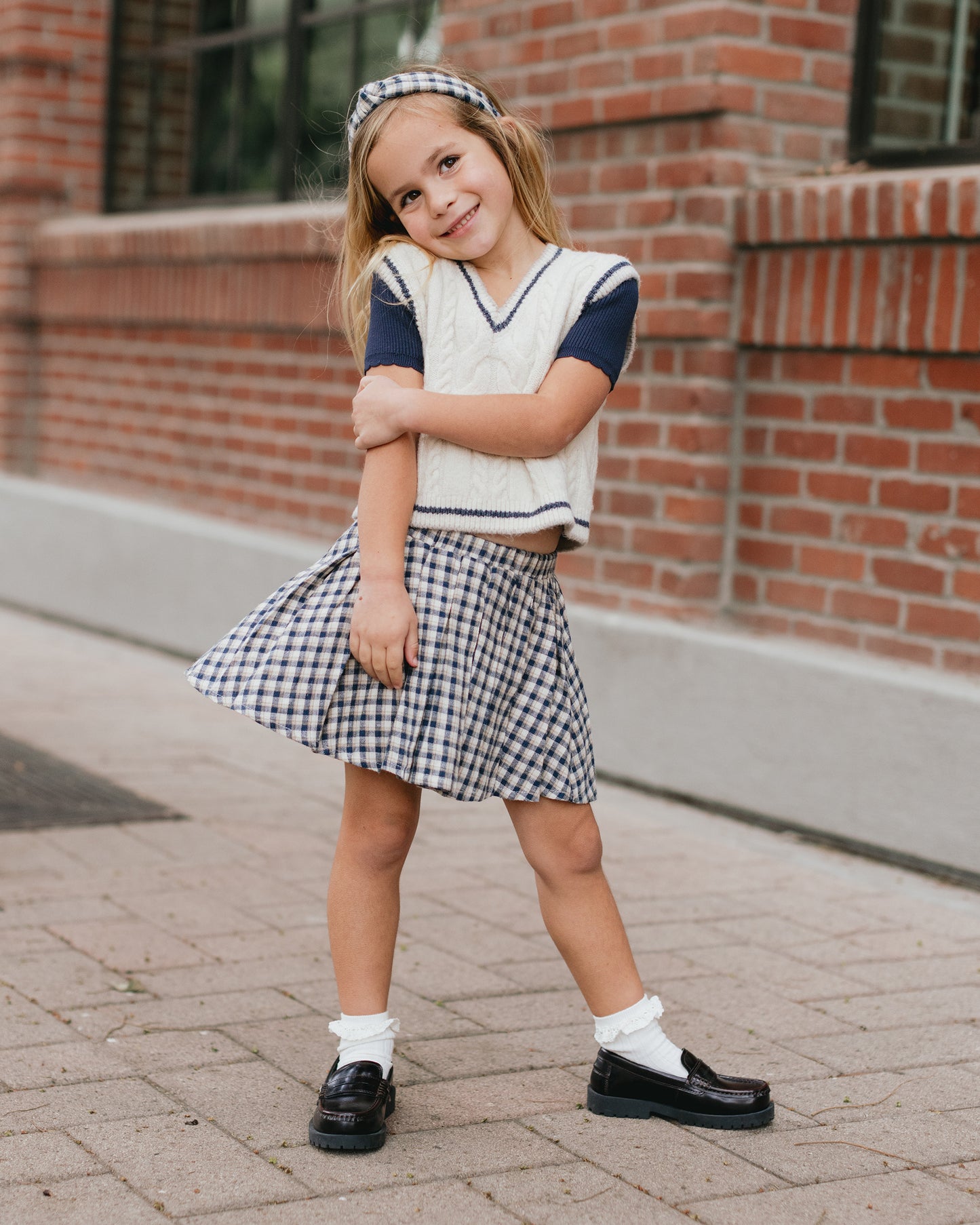 Pleated Navy Check Mini Skirt
