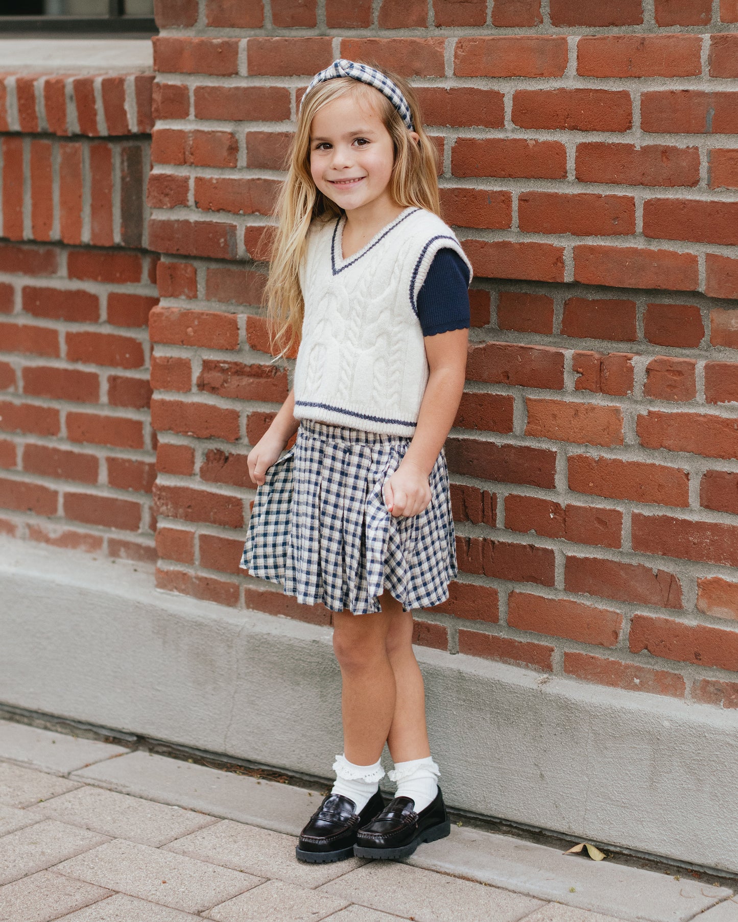 Pleated Navy Check Mini Skirt