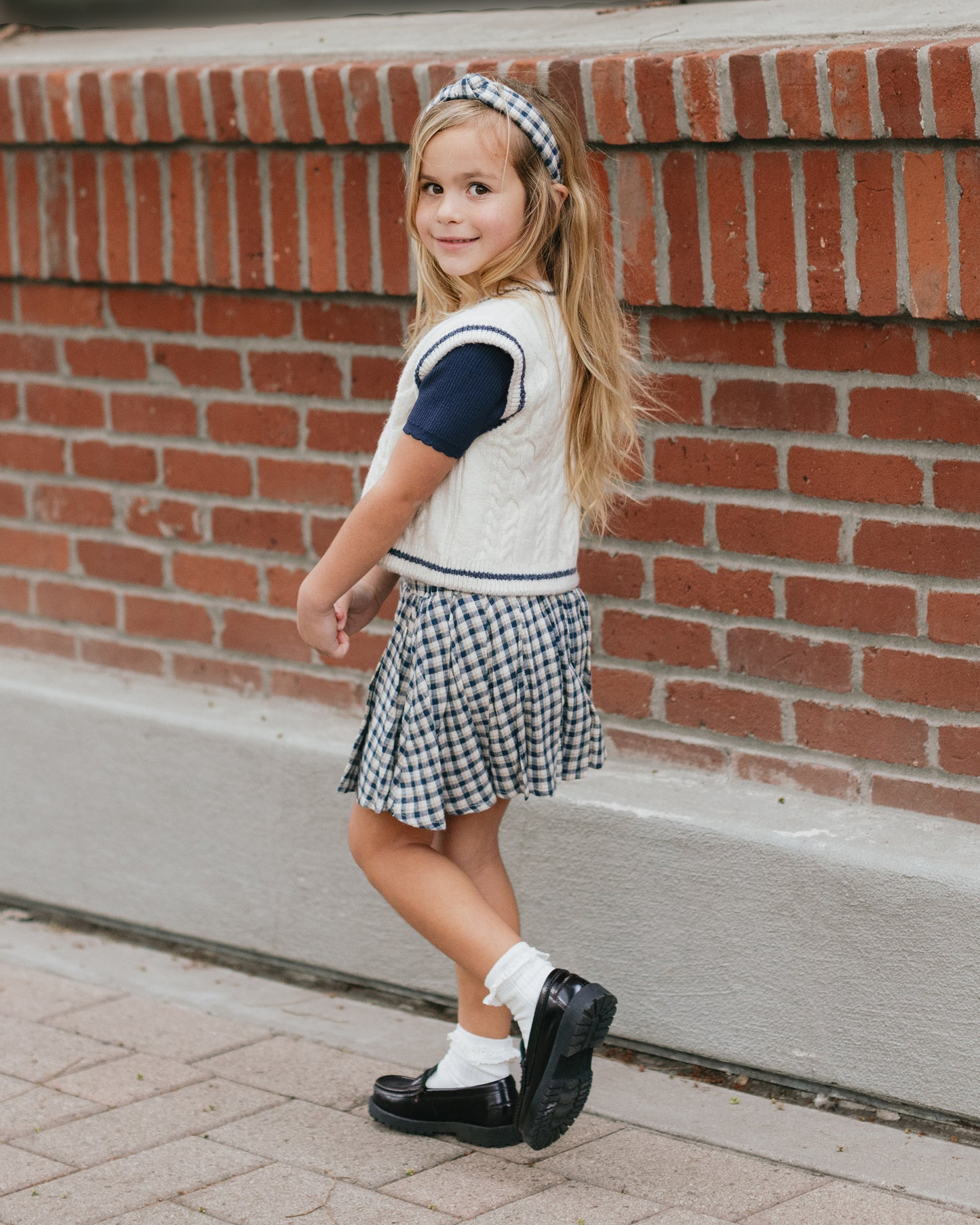 Pleated Navy Check Mini Skirt