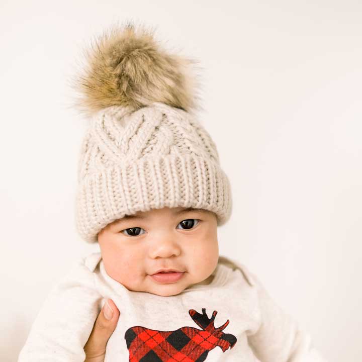Oatmeal Cable Knit Pom-Pom Beanie