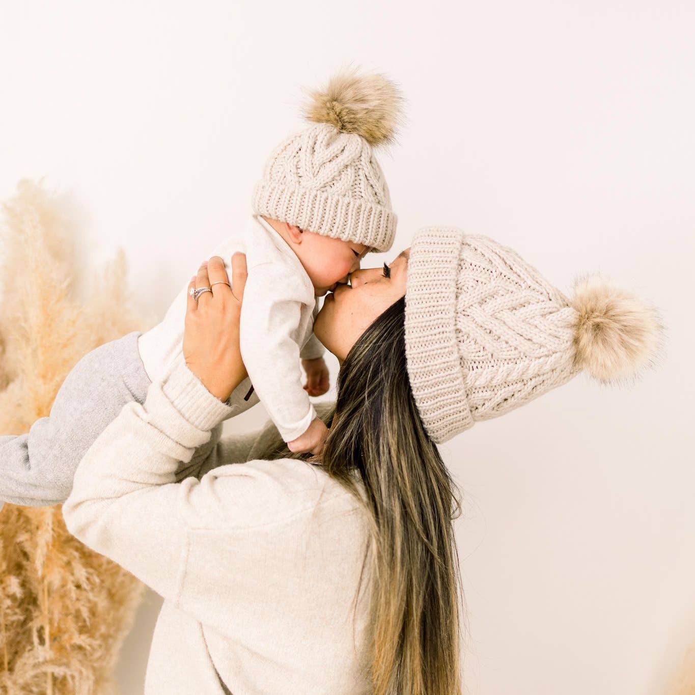Oatmeal Cable Knit Pom-Pom Beanie