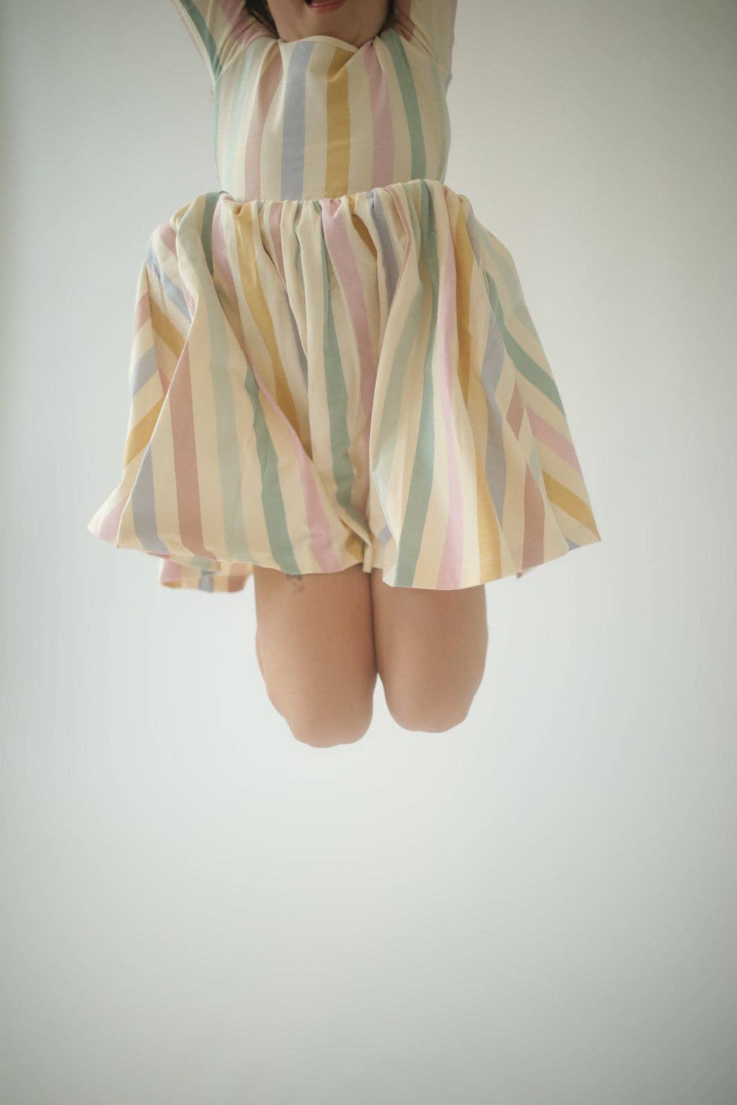 Short Sleeve Twirl Dress in Pastel Stripes