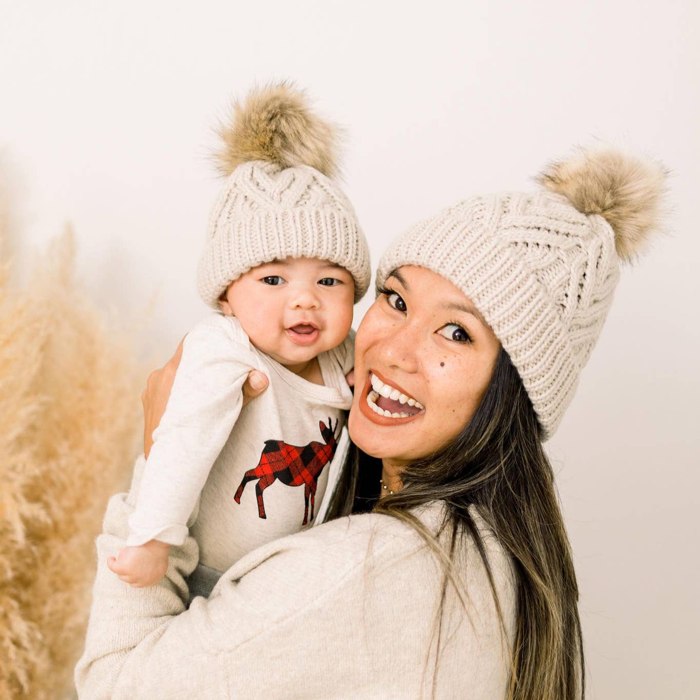 Oatmeal Cable Knit Pom-Pom Beanie