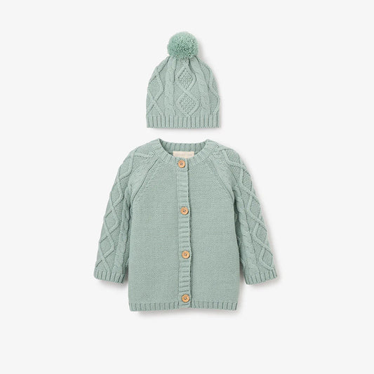 Sage Diamond Cable Cardigan and Hat