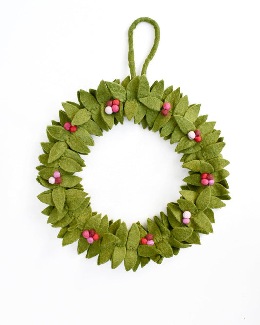 Felt Holly Wreath w/Pink Berries