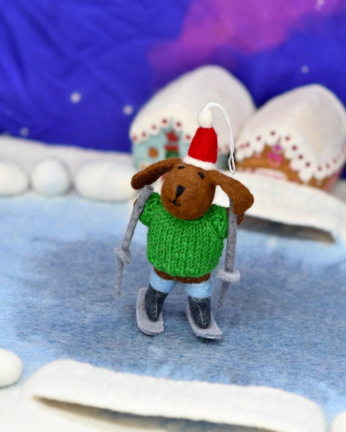 Felt Dog with Sweater on Skis