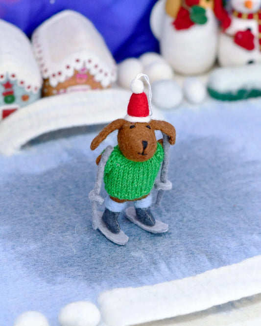 Felt Dog with Sweater on Skis