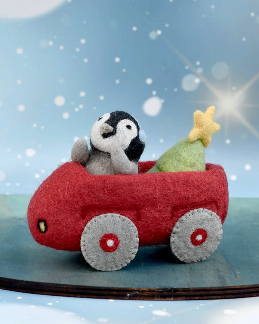 Felt Penguin in Toy Car with Tree