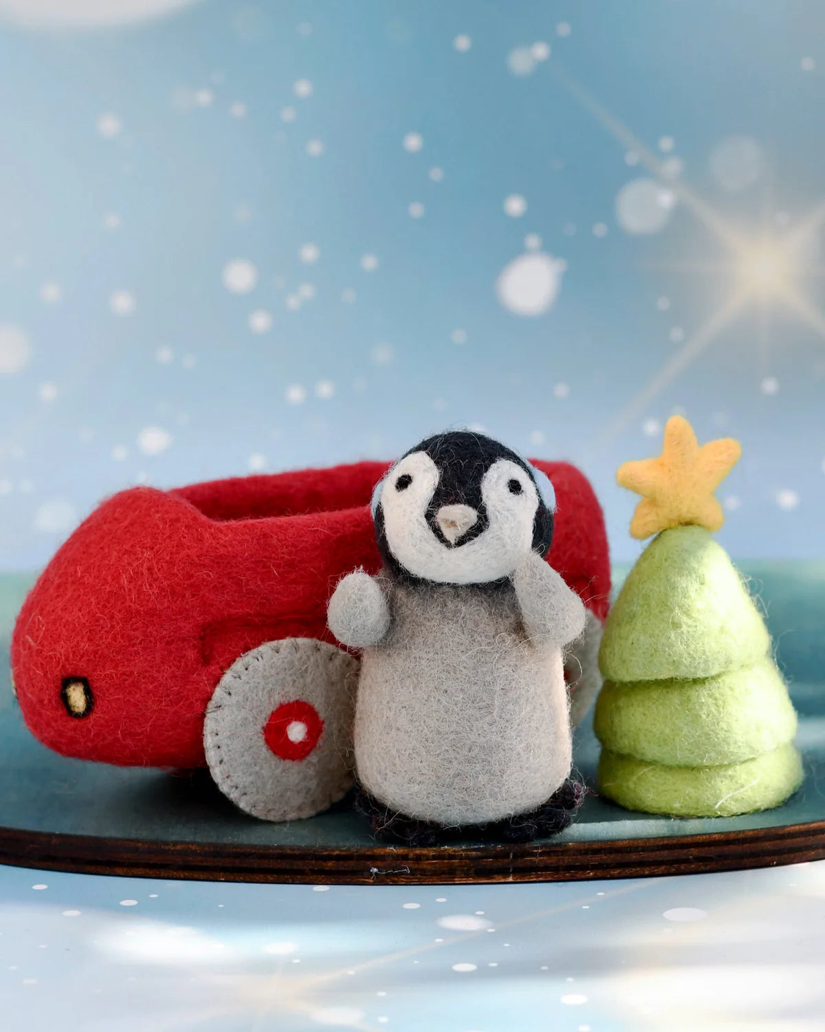Felt Penguin in Car with Tree