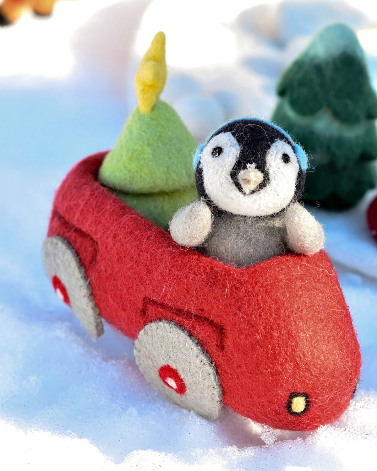 Felt Penguin in Car with Tree