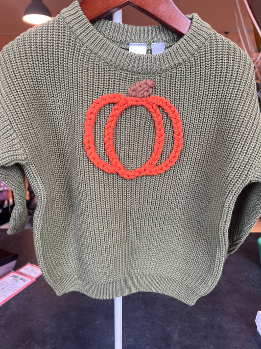 Embroidered Pumpkin on Army Green Sweater