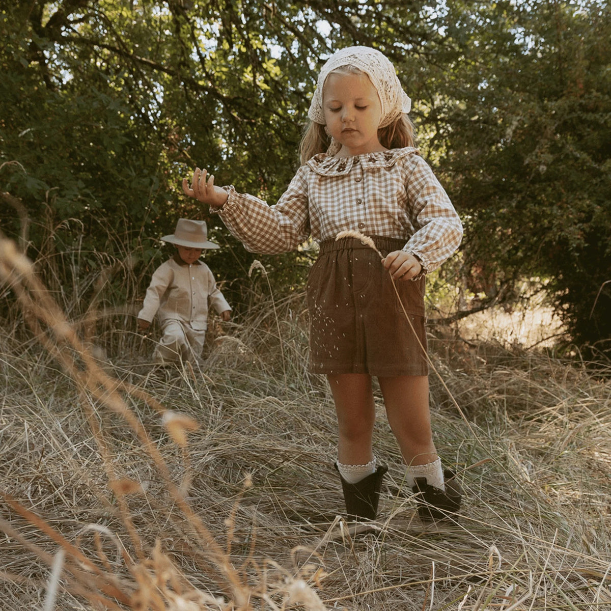 Oat Gingham Organic Ruffle Button Top