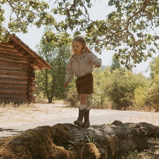 Oat Gingham Organic Ruffle Button Top