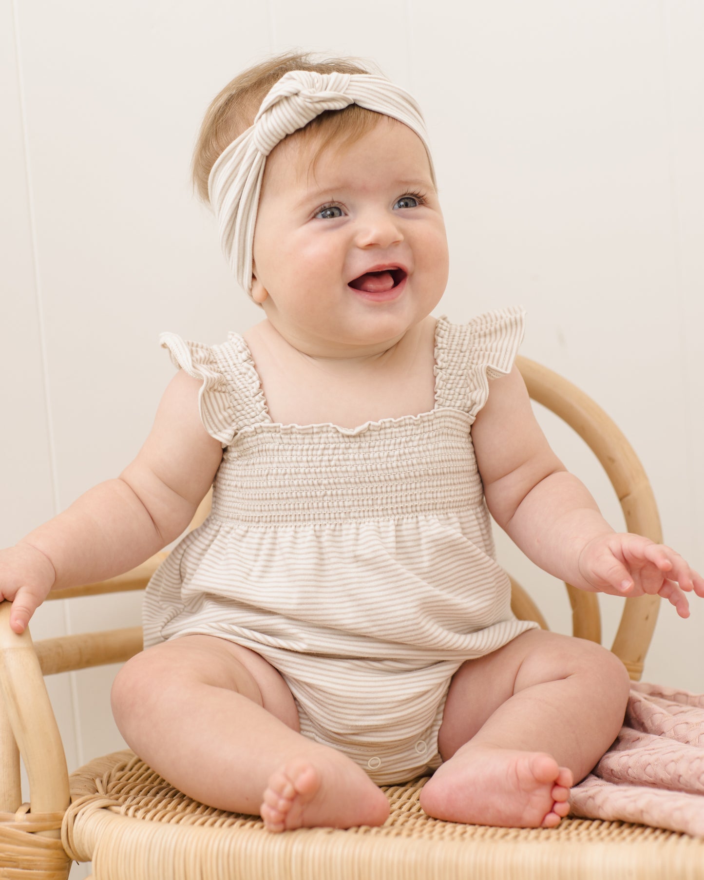 Oat Stripe Ruffle Sleeve Romper
