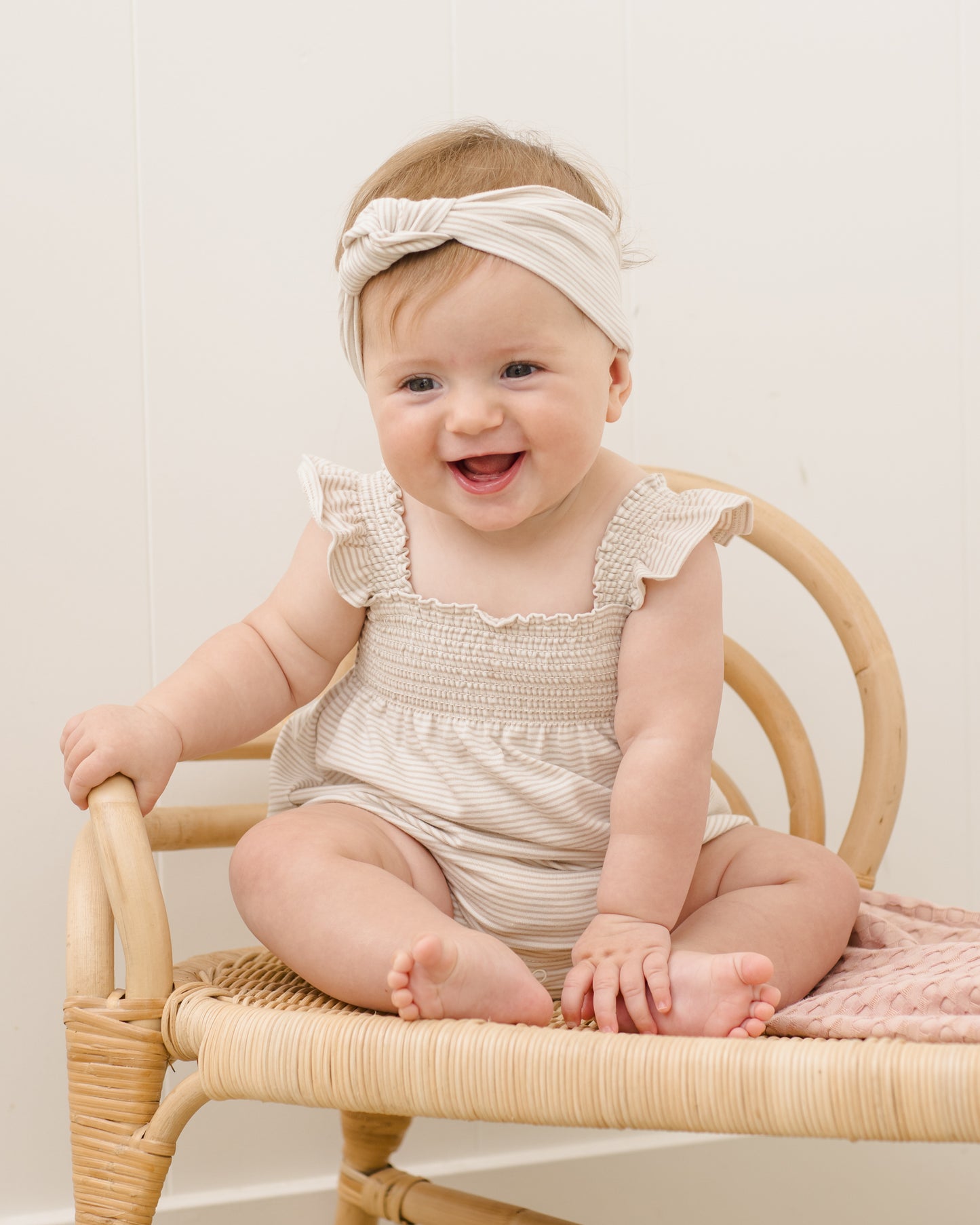 Oat Stripe Ruffle Sleeve Romper