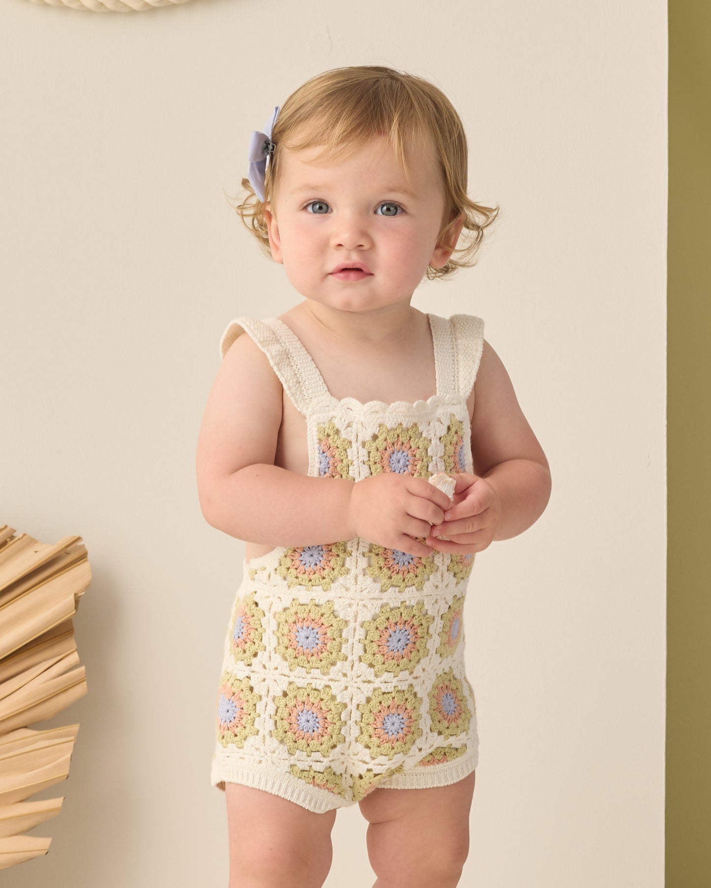 Citron Daisy Check Crochet Romper