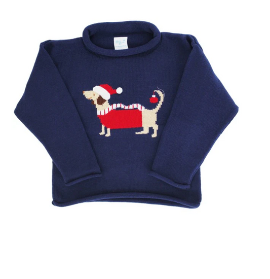 Doxie on Navy Sweater