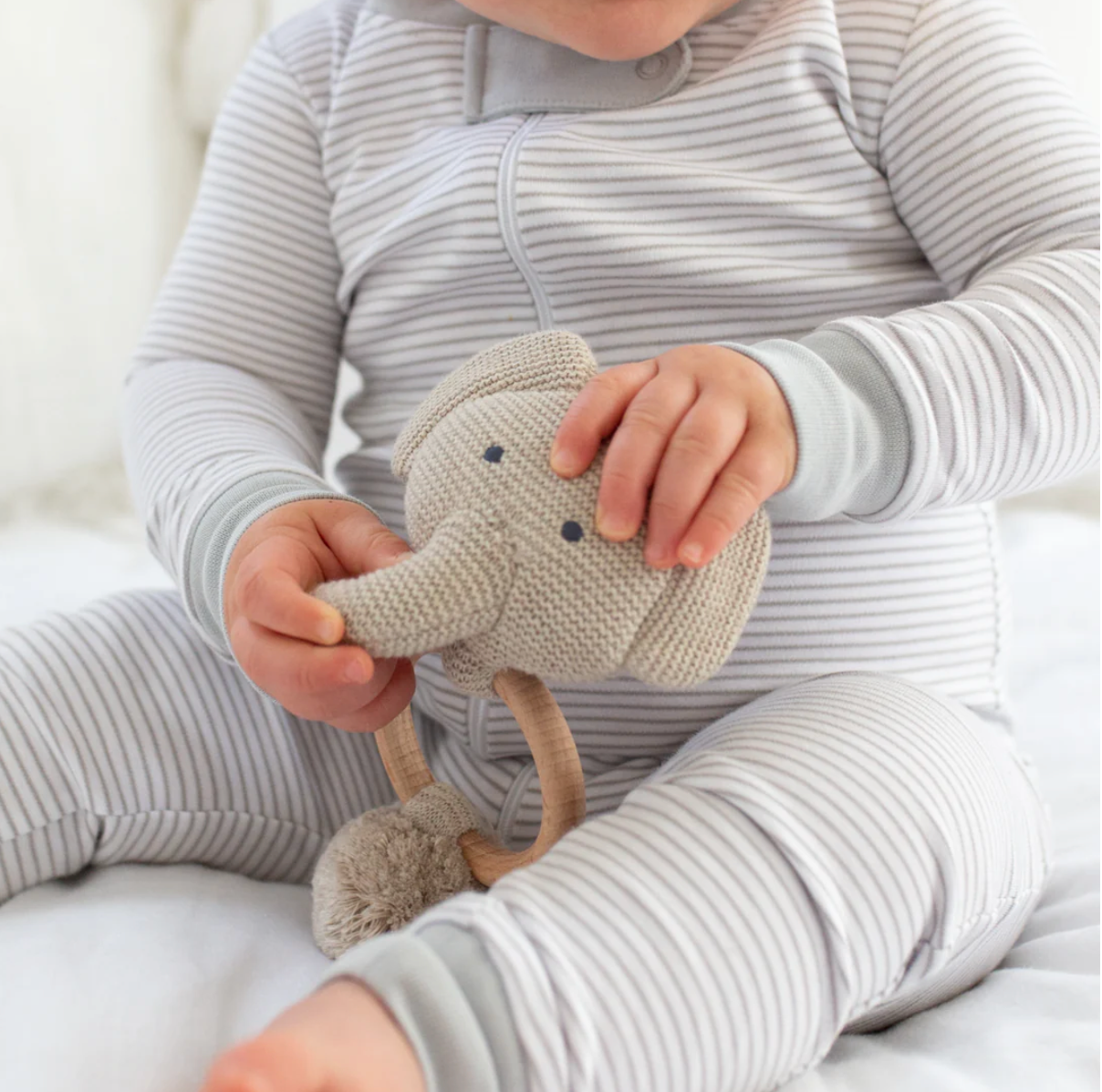 Organic Knit Elephant Rattle in Oatmeal