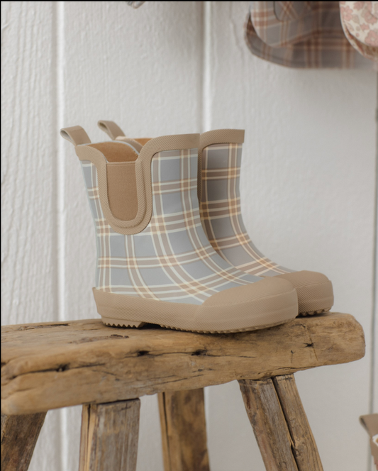 Blue Plaid Rain Boots
