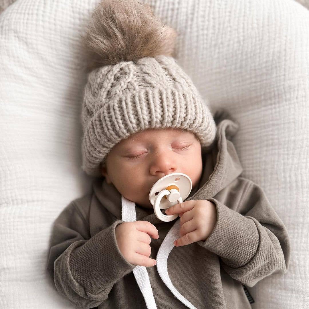 Oatmeal Cable Knit Pom-Pom Beanie