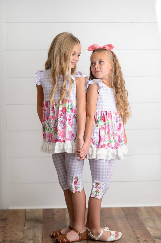Lavender Gingham & Floral Capri Ruffle Set