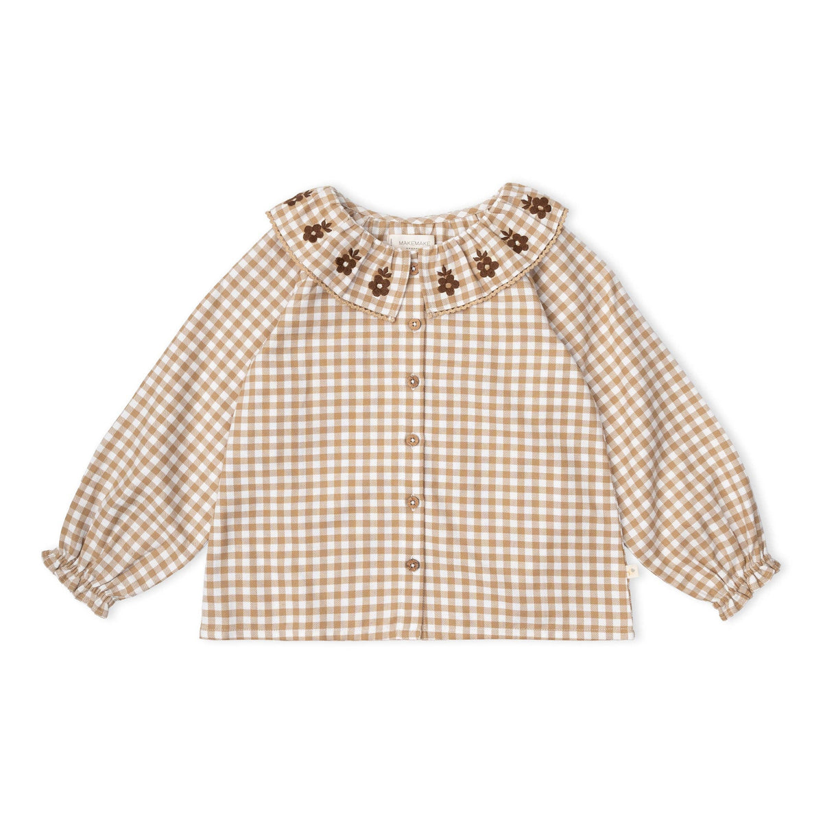 Oat Gingham Organic Ruffle Button Top