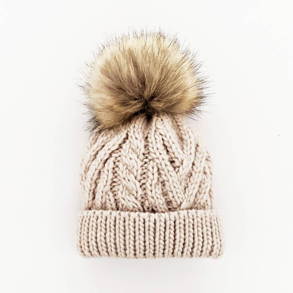 Oatmeal Cable Knit Pom-Pom Beanie