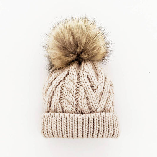 Oatmeal Cable Knit Pom-Pom Beanie