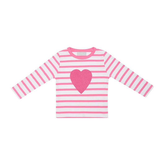 Hot Pink & White Breton Striped Love Heart T Shirt