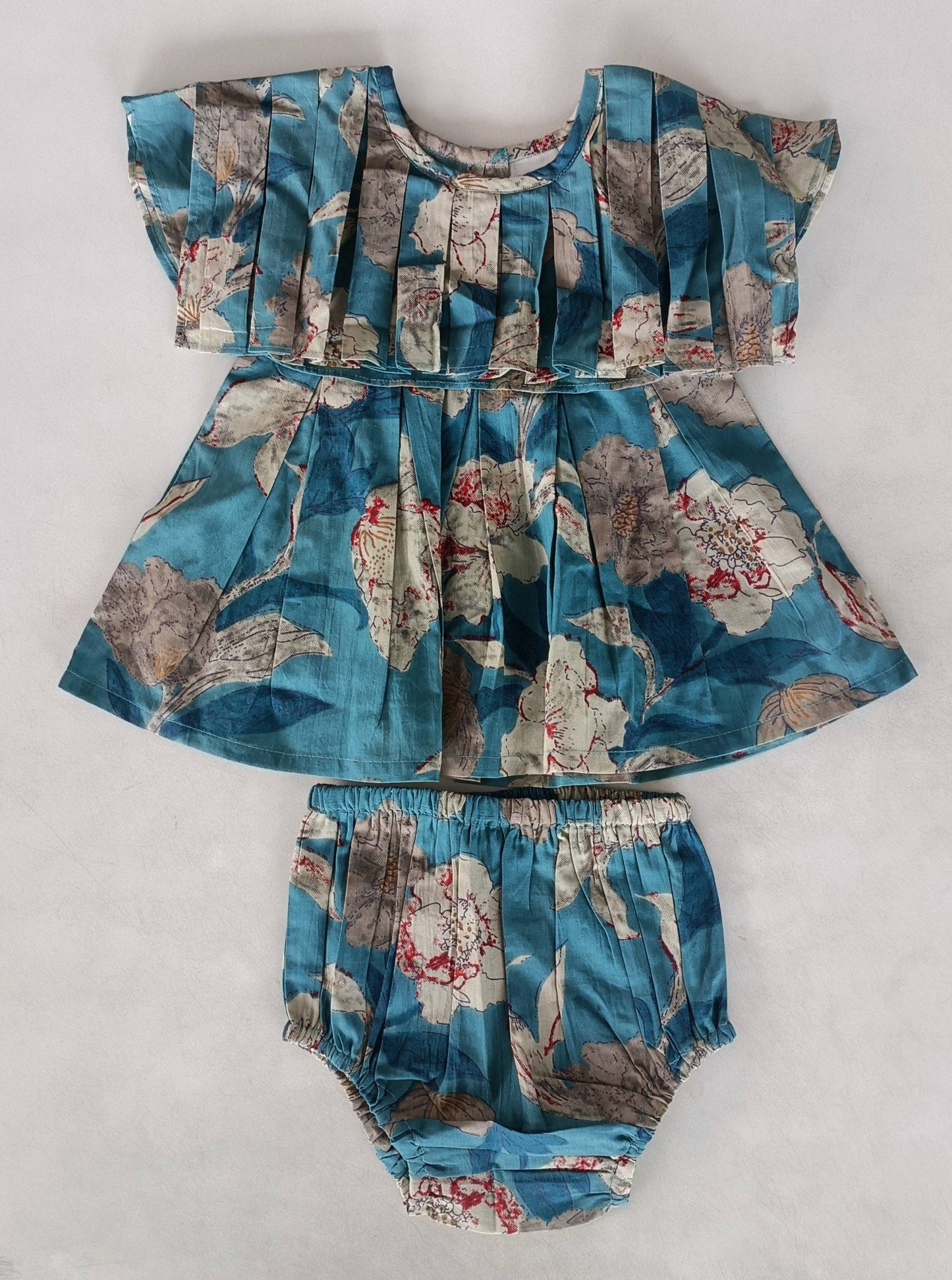 Turquoise Floral Box Pleated Dress