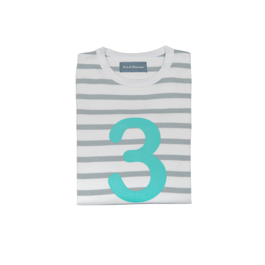 Grey Striped Number 3 T-Shirt - Turquoise