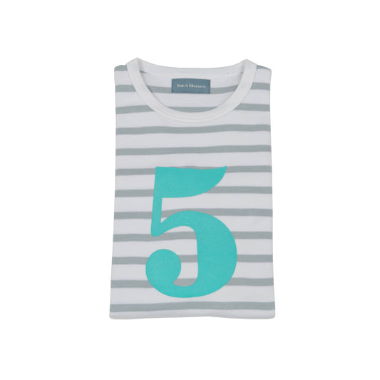 Grey Striped Number  5 T-Shirt - Turquoise