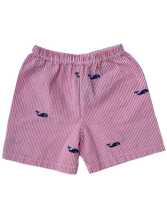 Red Seersucker with Whales Shorts